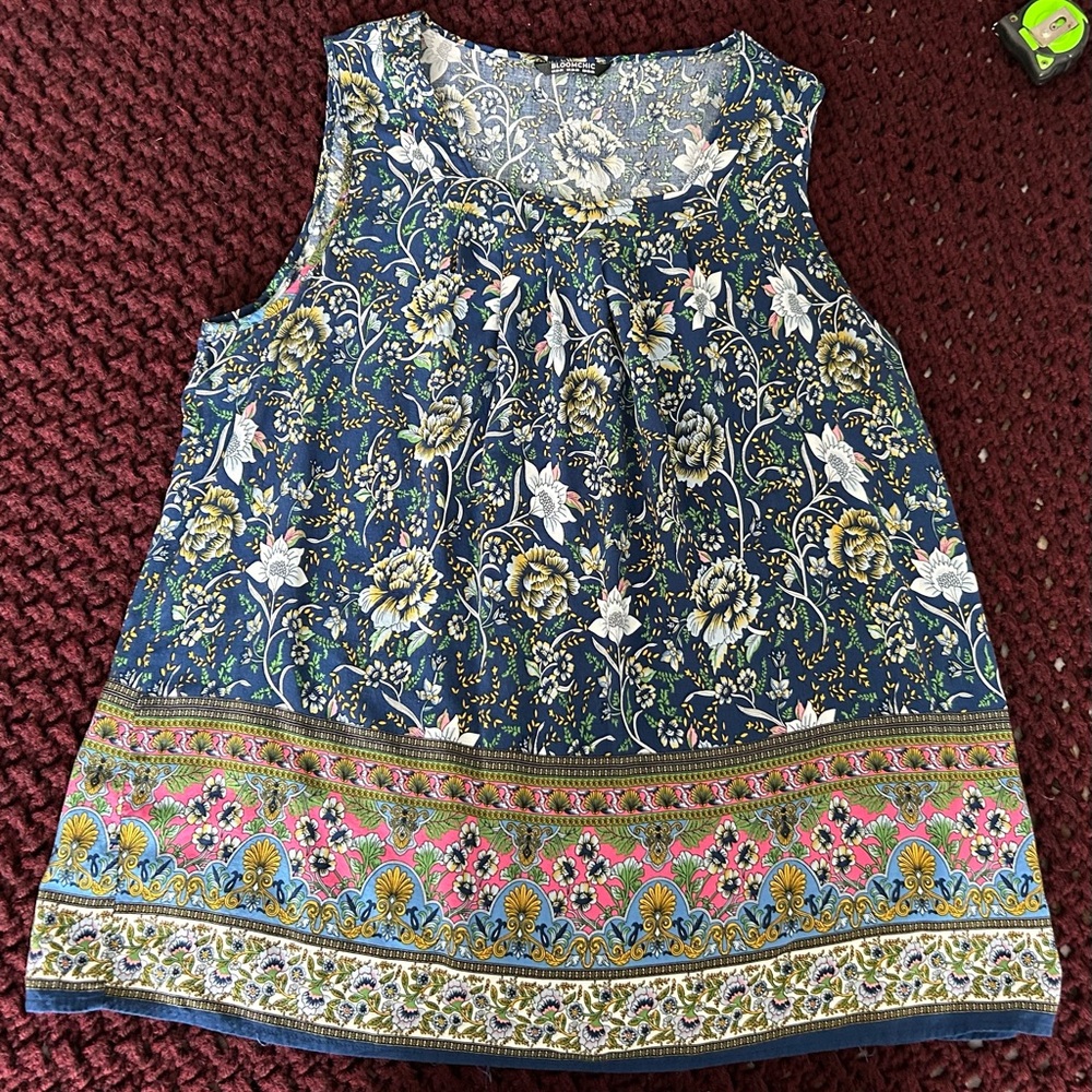 BloomChic Blue Floral Blouse with Yellow Highlights